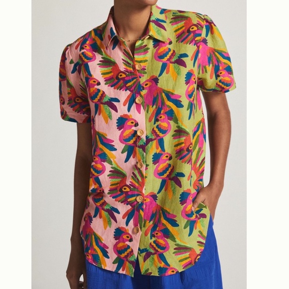 FARM Rio Tops - Farm Rio x Anthropologie Printed Parrots Birds Surf Beach Buttondown Shirt M